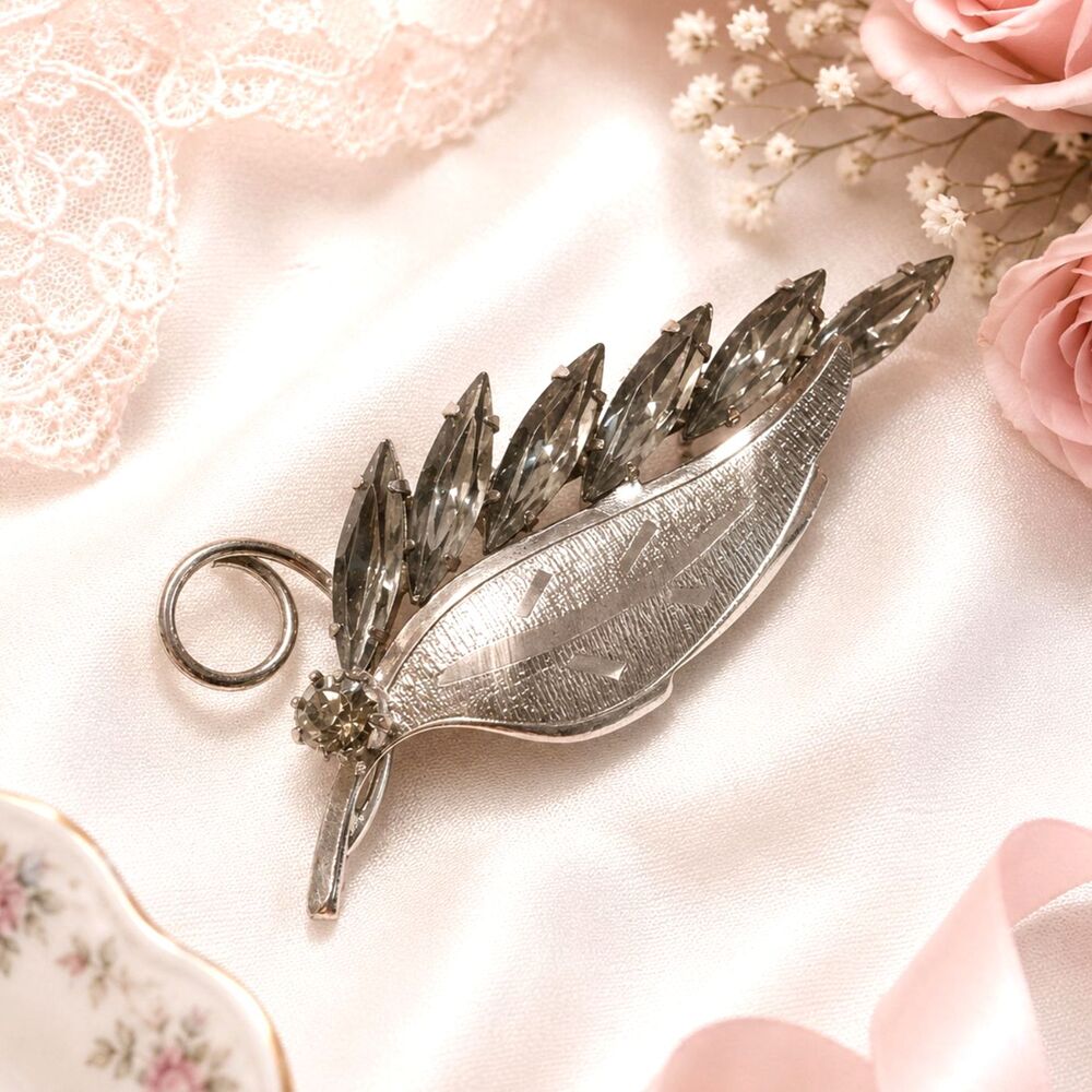 Vintage Silver Tone Smokey Rhinestone Leaf Brooch